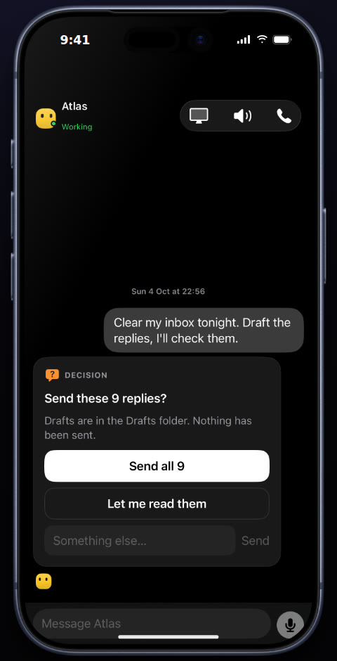 An approval card in the Shaliach iPhone app: Send these 9 replies? Send all 9, or Let me read them