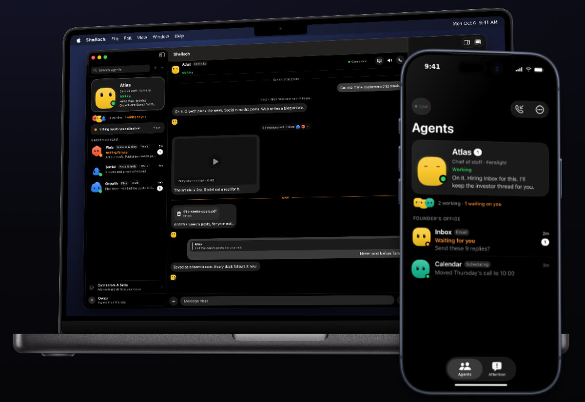 The Shaliach app on a Mac and an iPhone: Atlas, the chief of staff, and the team, shown with demo data